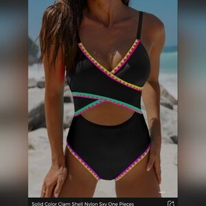 Black Cutout One-Piece Swimsuit with Neon Trim - Medium